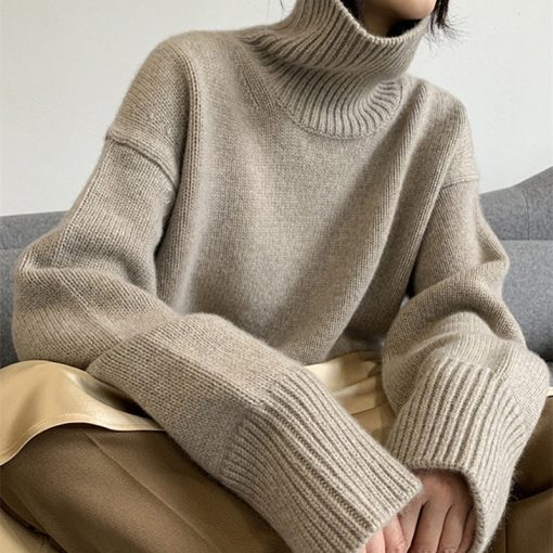 main image02022 Autumn and Winter New Thick Cashmere Sweater Women High Neck Pullover Sweater Warm Loose Knitted