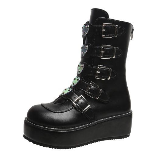main image02022 Hot Brand INS Demonias Shoes Platform Heart Buckle Wedges High Heels Motorcycle Mid Calf Boots