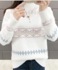 main image02022 New Autumn Women Fashion Half Turtleneck Sweater Loose Casual Patchwork Faux Mink Fur Cashmere Knitting