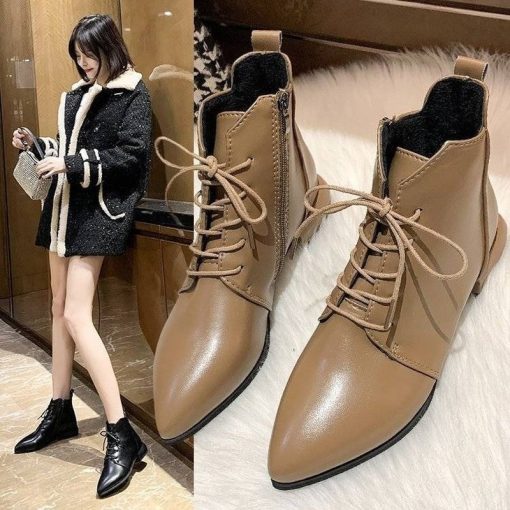 main image02022 Pointed Ankle Boots Autumn Winter Fashion Thick Heel Platform Shoes Lace Up British Style Pointed