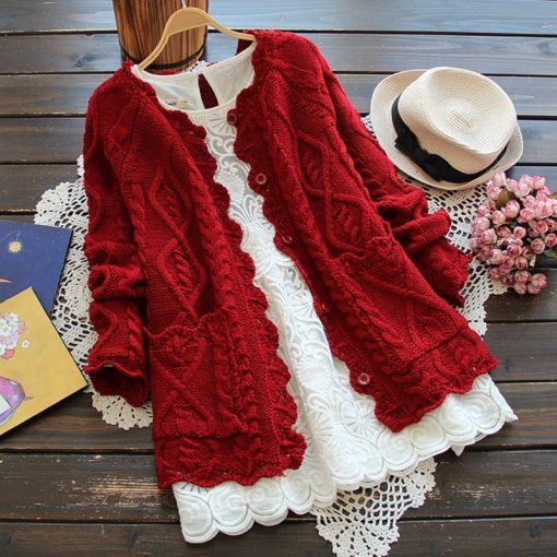 main image02022 Spring Autumn Mori Girl Style Women Cardigan Solid Twist Howllow Out Crochet Cotton Knitted Sweater