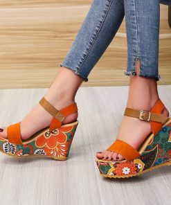 main image02022 Summer Wedge Sandals for Women Retro Ethnic Print Platform Shoes Ladies Casual Ankle Buckle Comfortable
