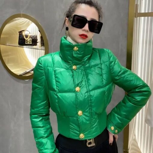 main image02022 Winter New Women s Shiny Padded Jacket Stand Up Collar Button Temperament Short Coat Top