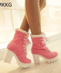 main image02022 Women Autumn Winter Warm Boots Fashion Lace Up Platform Pink High Heels Ankle Short Boots