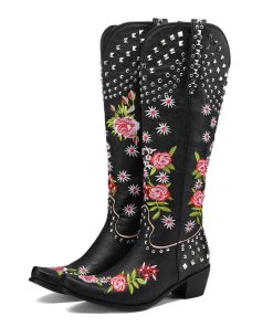 main image0AOSPHIRAYLIAN Western Cowboy Sewinig Floral Boots For Women 2022 Lace Studded Cowgirl Retro Vintage Embroidery Women