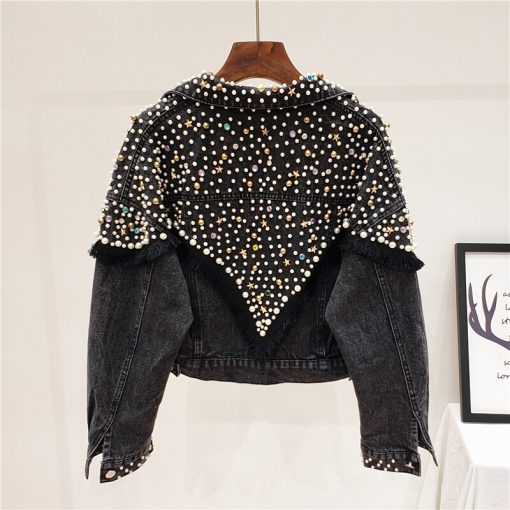 main image0Autumn New Fashion Heavy Work Beading Wash Denim Jacket Women Loose Short Denim Coats Studded Black