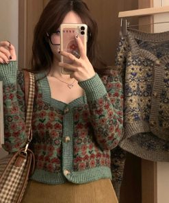 main image0Autumn Sexy Retro Square Floral Cropped Cardigan Knitted Top Slim Pull Femme Jumpers Single breasted Jacquard