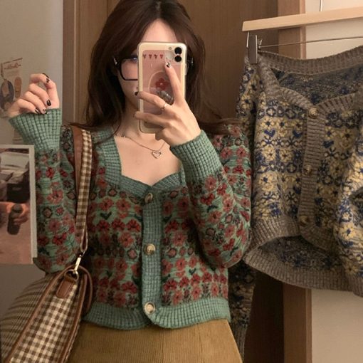 main image0Autumn Sexy Retro Square Floral Cropped Cardigan Knitted Top Slim Pull Femme Jumpers Single breasted Jacquard