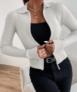 main image0Autumn Winter Women Casual Sexy Double Zipper Fly Rib knit Crop Cardigan Slim Femme Knitted Long