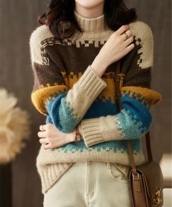main image0Autumn and Winter New Sweater Women s Half Turtleneck Rainbow Striped Knitted Top Pullover Loose Fashion