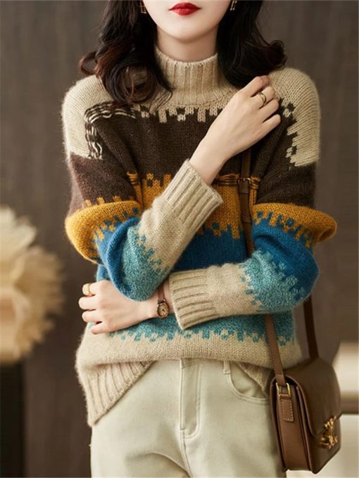 main image0Autumn and Winter New Sweater Women s Half Turtleneck Rainbow Striped Knitted Top Pullover Loose Fashion