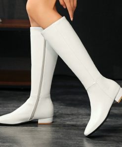main image0Black White Women Knee High Boots Comfortable Square Heel Round Toe Calf Boots Side Zipper Short