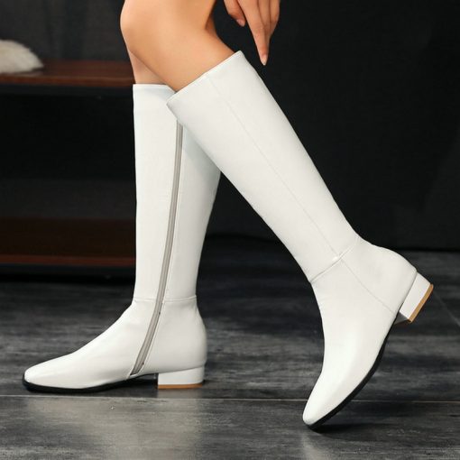main image0Black White Women Knee High Boots Comfortable Square Heel Round Toe Calf Boots Side Zipper Short