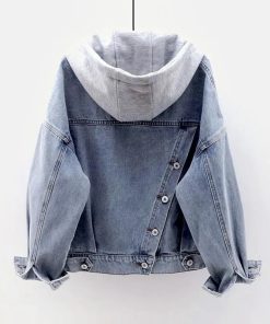 main image0Blue Deconstructable Hooded Turn down Collar Denim Jacket Women Loose Button Patchwork Outwear Jean Coat Female