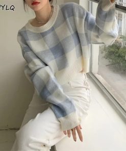 main image0Cropped Sweater Korean O neck Plaid Printing Preppy Style Pullover Sweater Women Simple Sweet Sweaters For
