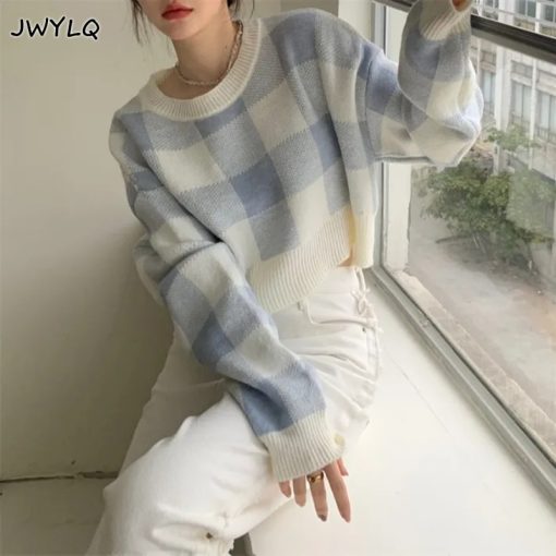 main image0Cropped Sweater Korean O neck Plaid Printing Preppy Style Pullover Sweater Women Simple Sweet Sweaters For