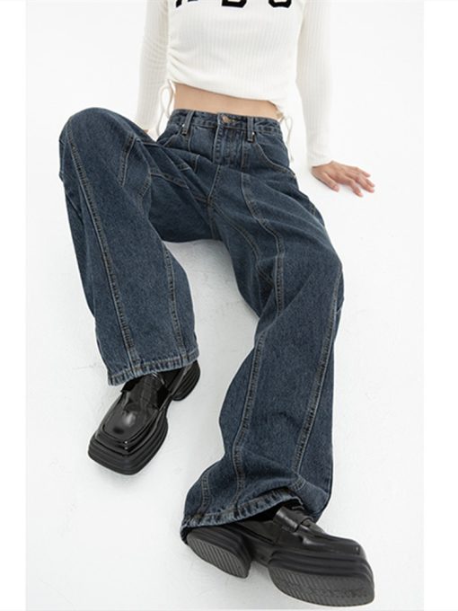 main image0Dark Blue Womens Jeans High Waist Vintage Straight Baggy Denim Pants Streetwear American Style Fashion Wide