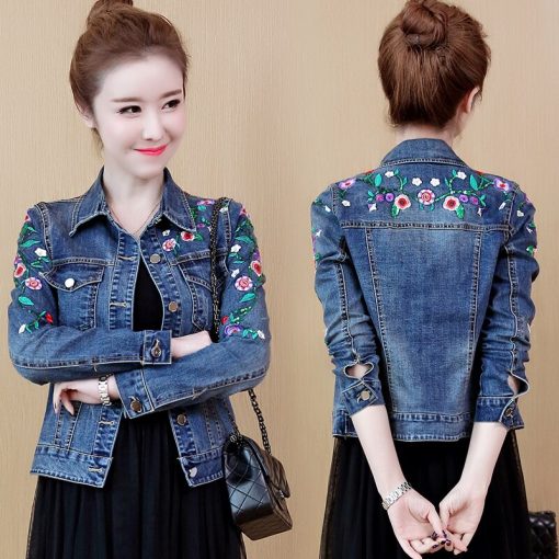 Women’s Embroidered Floral Print Denim Jacket – Miggon