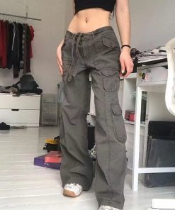 main image0Fashion American Trousers High Street Retro Gray Cargo Pants Woman Sexy Low Waist Baggy Pants Casual