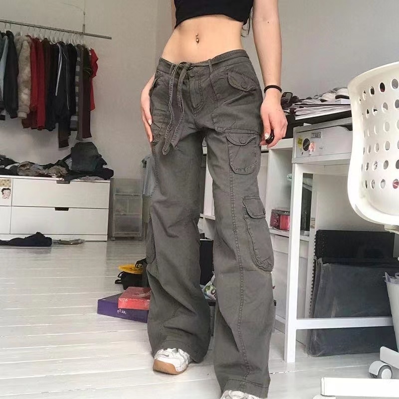 main image0Fashion American Trousers High Street Retro Gray Cargo Pants Woman Sexy Low Waist Baggy Pants Casual