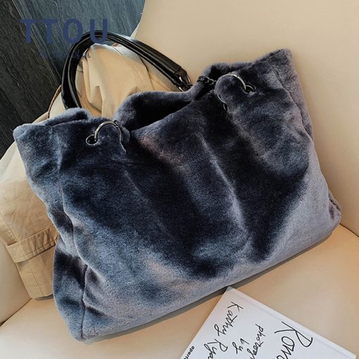 main image0Faux Fur Women Shoulder Bag Casual Plush Lady Tote Handbag Fashion Chain Larger Capacity Shopping Bag