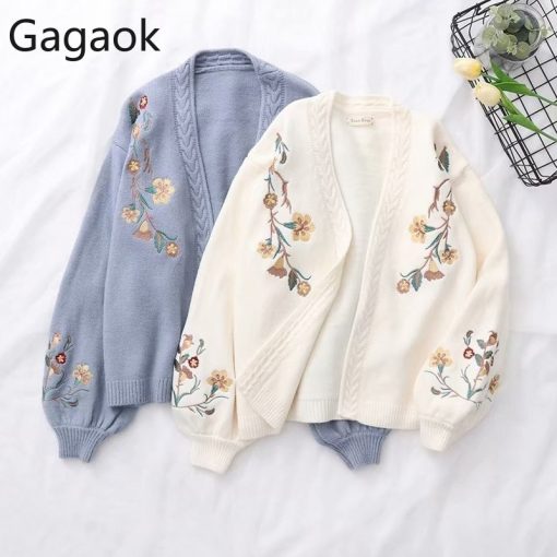 main image0Gagaok Women Knitted Fashion Cardigan Spring Autumn V Neck Lantern Sleeve Embroidery Floral Thick Loose Harajuku