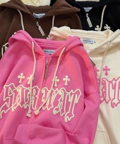 main image0Goth Embroidery Hoodies Women High Street Harajuku Retro Hip Hop Zip Up Hoodie Loose Man Sweatshirt