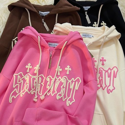 main image0Goth Embroidery Hoodies Women High Street Harajuku Retro Hip Hop Zip Up Hoodie Loose Man Sweatshirt