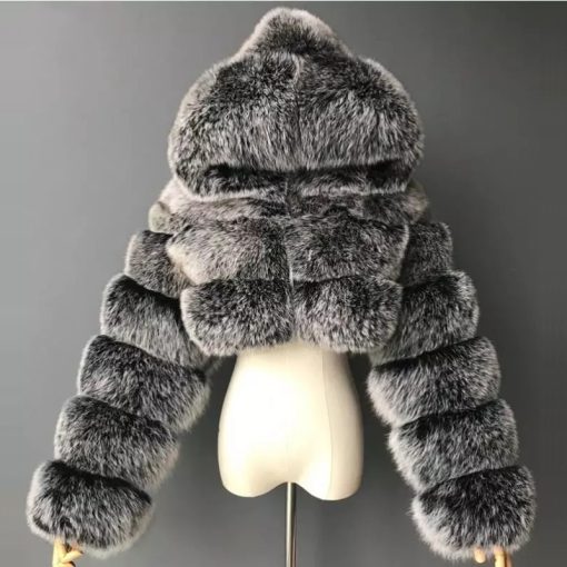 main image0High Quality Furry Cropped Faux Fur Coats and Jackets Women Fluffy Top Coat With Hooded Winter