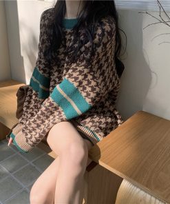 main image0JMPRS Autumn New Round Neck Contrast Color Pullover Tops Women Korean Fashion Drop Shoulder Knitted Sweater