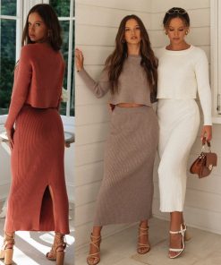 main image0Knitted 2 Pieces Set Women Pullovers Sweater Crop Tops Knitted Skirts Bodycon Office Lady Skirts 2PCS
