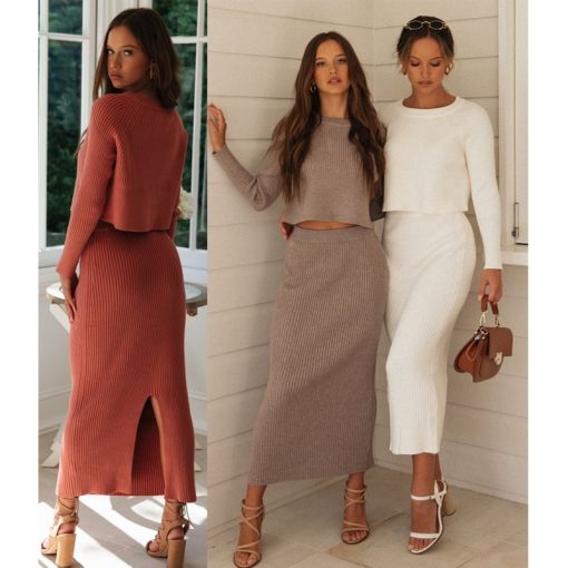 main image0Knitted 2 Pieces Set Women Pullovers Sweater Crop Tops Knitted Skirts Bodycon Office Lady Skirts 2PCS