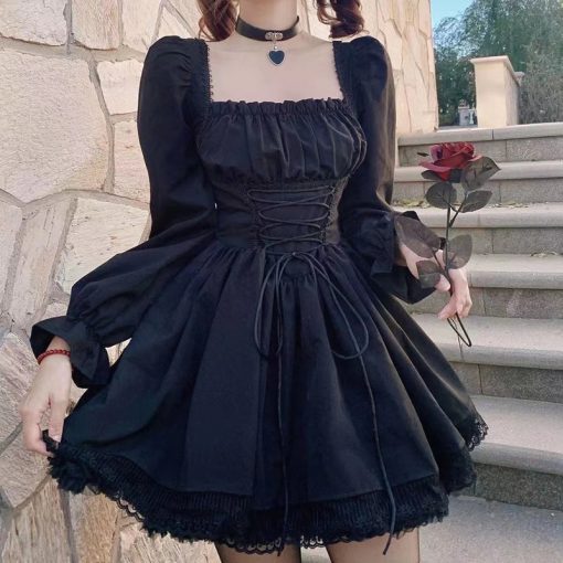 main image0Long Sleeves Lolita Black Dress Goth Aesthetic Puff Sleeve High Waist Vintage Bandage Lace Trim Party