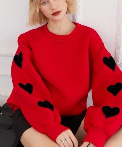 main image0Lovely Spring Women Red Sweatshirts O Neck Hearts Embroidery Tops For Young Ladies Hooded Sweatshirts Blusas