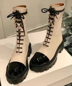main image0Luxury Brand Genuine Leather Patchwork Lace up Winter Booties Flat Heels Thick Sole Women Ankle Martin