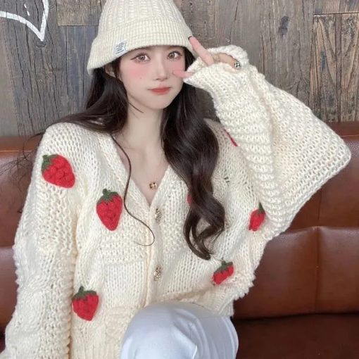 main image0MEXZT Women Harajuku Strawberry Loose Cardigan Sweater Fall Fashion Long Sleeve Korean Tops Chic Female Preppy