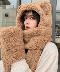 main image0New Cute Bear Ear Hat Scarf Gloves Set Winter Women Beanies Caps Warm Casual Plush Hats