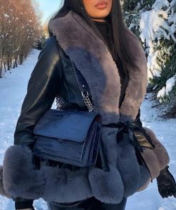 main image0New Women s Winter 2022 Leather Jacket Stitching Faux Fur Collar Cuff Coat Belt Slim Elegant