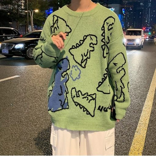 main image0O Neck Long Sleeve Women s Oversize Sweater Solid Dinosaur Printed Y2k Knitted Sweater Loose Casual