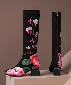 main image0ODS Womens Genuine Leather Boots Printed Floral Mixed Colors Shoes Pointed Toe Fashion High Heels Black