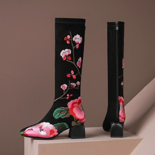 main image0ODS Womens Genuine Leather Boots Printed Floral Mixed Colors Shoes Pointed Toe Fashion High Heels Black