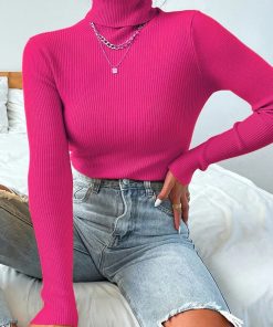 main image0On Sale 2022 Autumn Winter Women Knit Solid Turtleneck Pull Sweater Casual Rib Jumper Tops Female