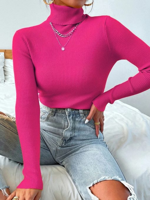 main image0On Sale 2022 Autumn Winter Women Knit Solid Turtleneck Pull Sweater Casual Rib Jumper Tops Female