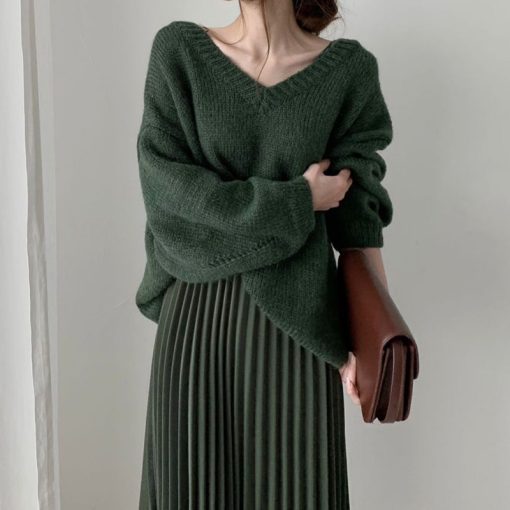 main image0PEONFLY Chic Casual Autumn Winter Basic Sweater Pullovers Women V Neck Solid Knitted Pullover Female Long