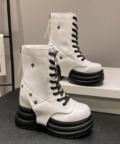 main image0Platform Chunky Boots For Women Lace Up Wedges Ankle Boots Round Toe Fashion Goth Punk Motorcycle