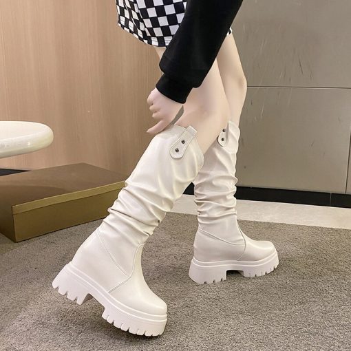 main image0Platform Wedges Knee High Boots For Women Slip On Brand New Motorcycle Boots 2022 Winter Autumn