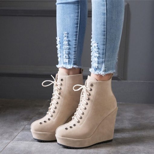 main image0Platform Women s Ankle Boots Shoes Autumn Winter Wedge Heels Lace Up Short Boots Nude Red