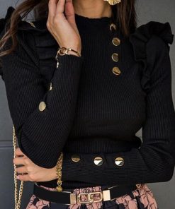 main image0Plus Size Autumn Winter Women Blouse Long Sleeve Knitwear Rib Ruffle Buttons Blouse Basic Shirt