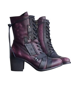 main image0Plus Size Martin Boots 2022 Winter Vintage Zipper Chunky Heels Leather Boot Women Leather Stitching Lacing