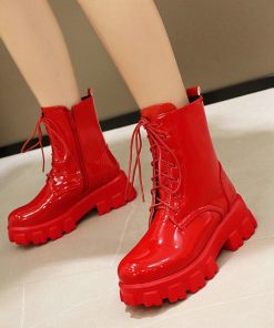 main image0Red White Black Women Ankle Boots Platform Square Heel Ladies Ridding Boots Cross Tied Fashion Women